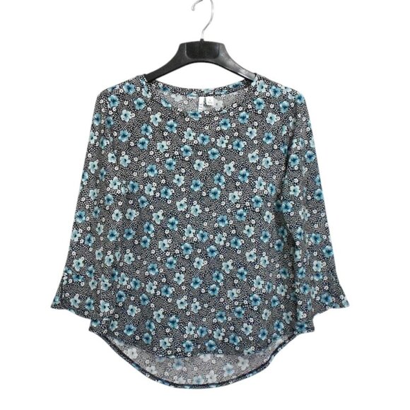 Elle Top S Black Blue Polyester 3/4 Split Flutter Sleeve Stretch Casual Office - Picture 1 of 13